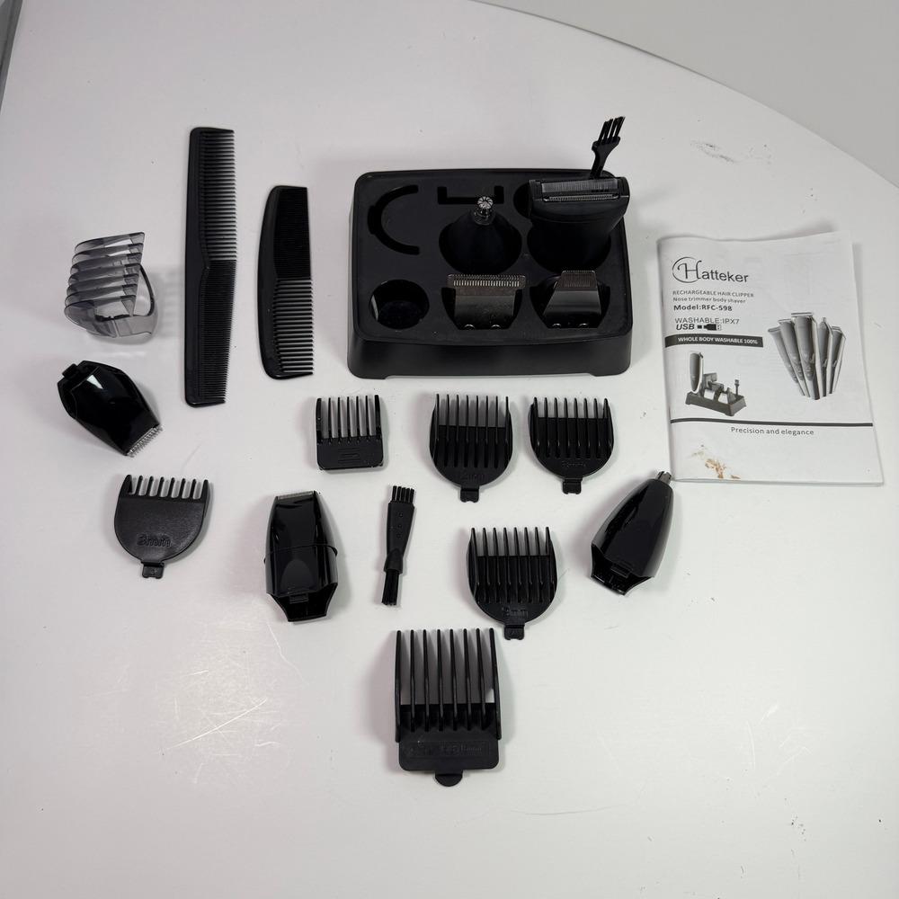 Hatteker RFC-598 Hair Clipper Grooming Kit Attachments Base Manual IPX7 Black